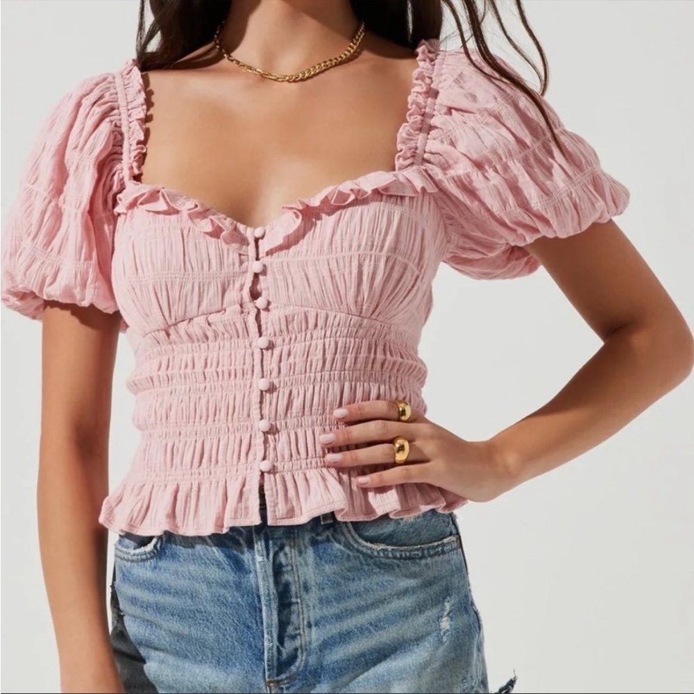 Astr Pink Ruched Puff Sleeve Button-Front Blouse